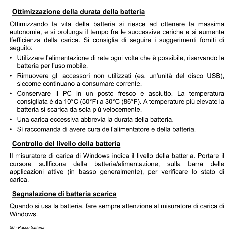 Ottimizzazione della durata della batteria, Controllo del livello della batteria, Segnalazione di batteria scarica | Acer W511P User Manual | Page 344 / 2860