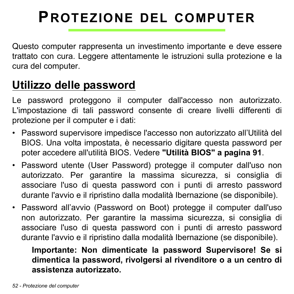 Protezione del computer, Utilizzo delle password, Rotezione | Computer | Acer W511P User Manual | Page 346 / 2860