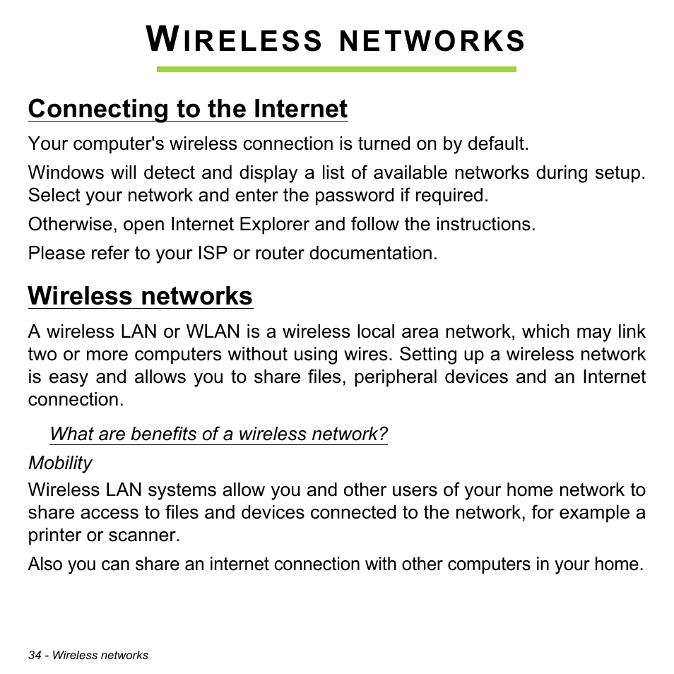 Wireless networks, Connecting to the internet, Connecting to the internet wireless networks | Ireless, Networks | Acer W511P User Manual | Page 36 / 2860