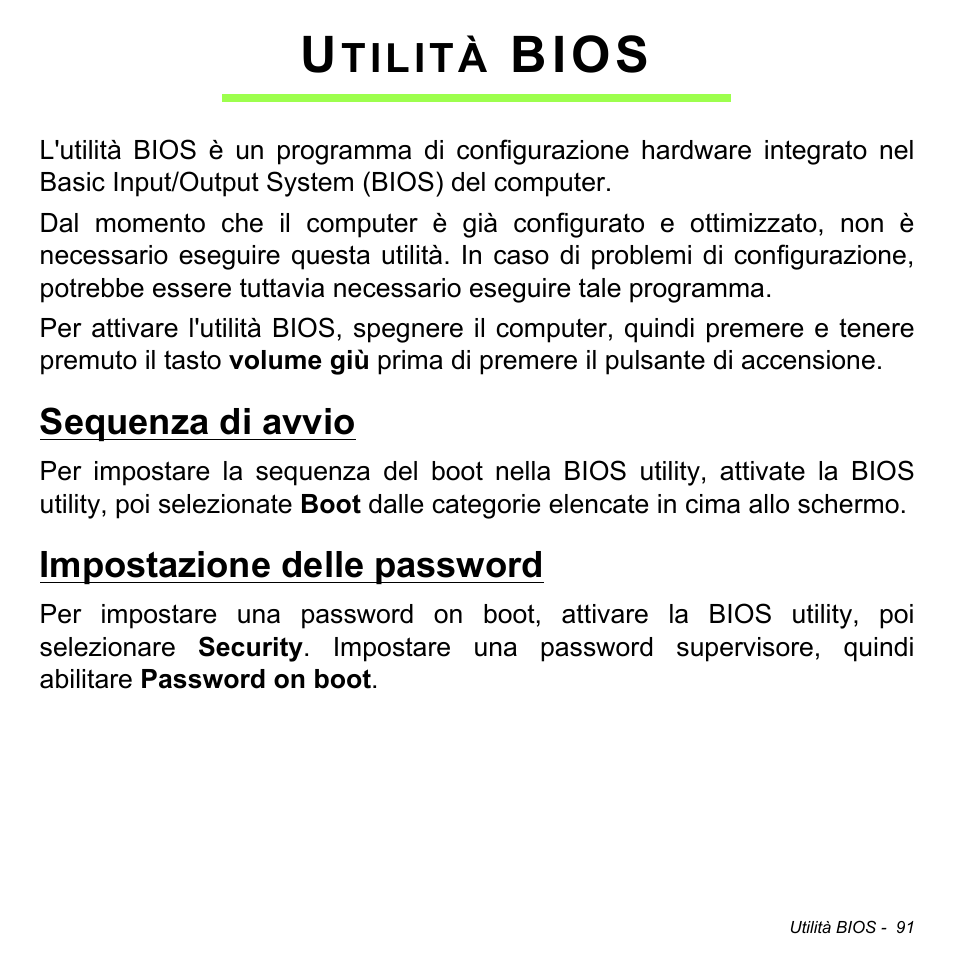 Utilità bios, Sequenza di avvio, Impostazione delle password | Sequenza di avvio impostazione delle password, Bios, Tilità | Acer W511P User Manual | Page 385 / 2860
