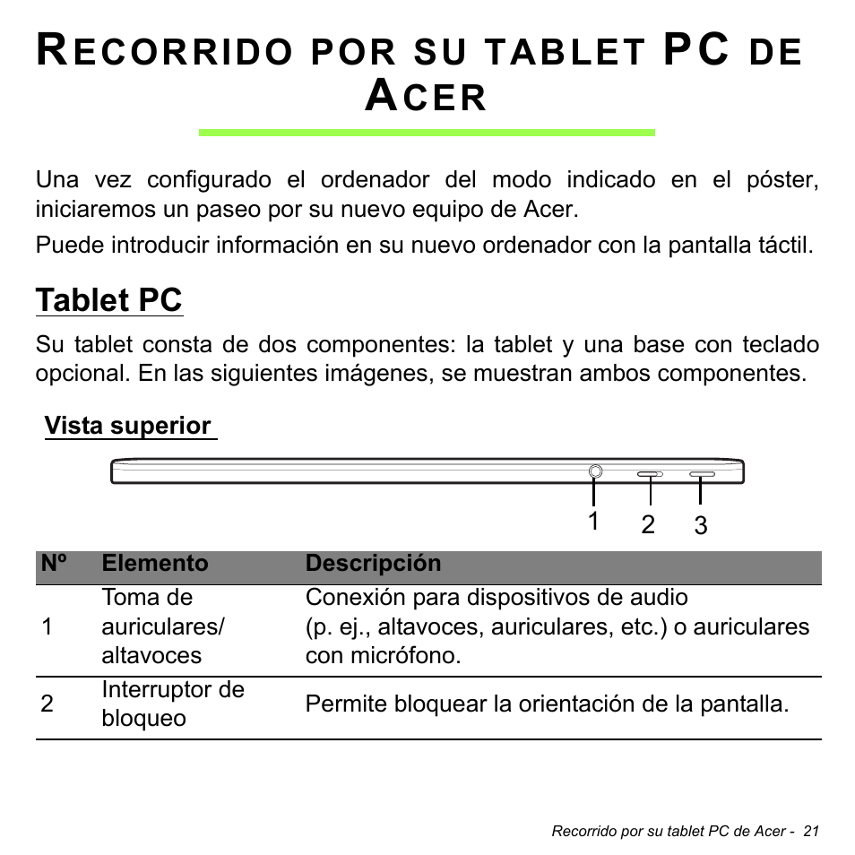 Recorrido por su tablet pc de acer, Tablet pc, Vista superior | Ecorrido, Tablet | Acer W511P User Manual | Page 413 / 2860