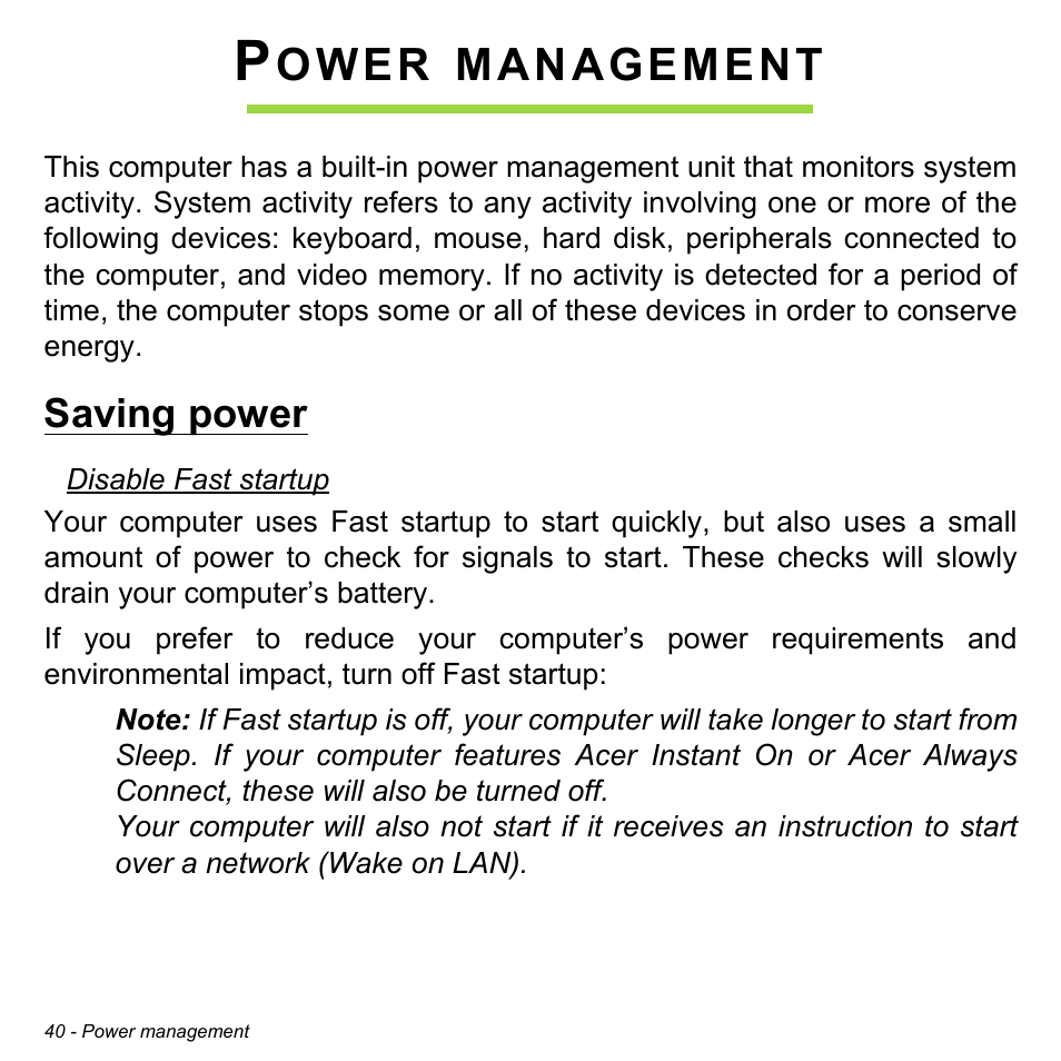 Power management, Saving power, Ower | Management | Acer W511P User Manual | Page 42 / 2860
