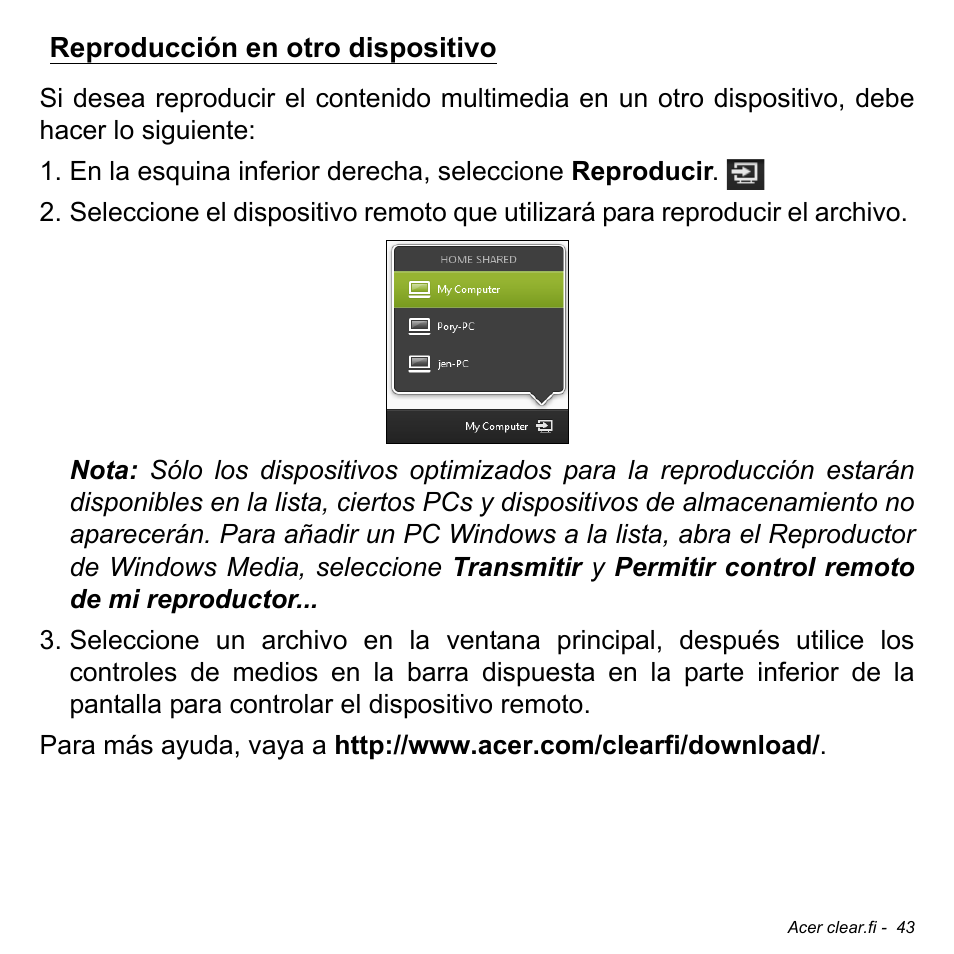 Reproducción en otro dispositivo | Acer W511P User Manual | Page 435 / 2860