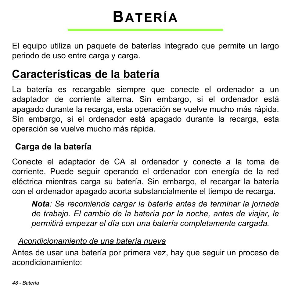 Batería, Características de la batería, Carga de la batería | Atería | Acer W511P User Manual | Page 440 / 2860