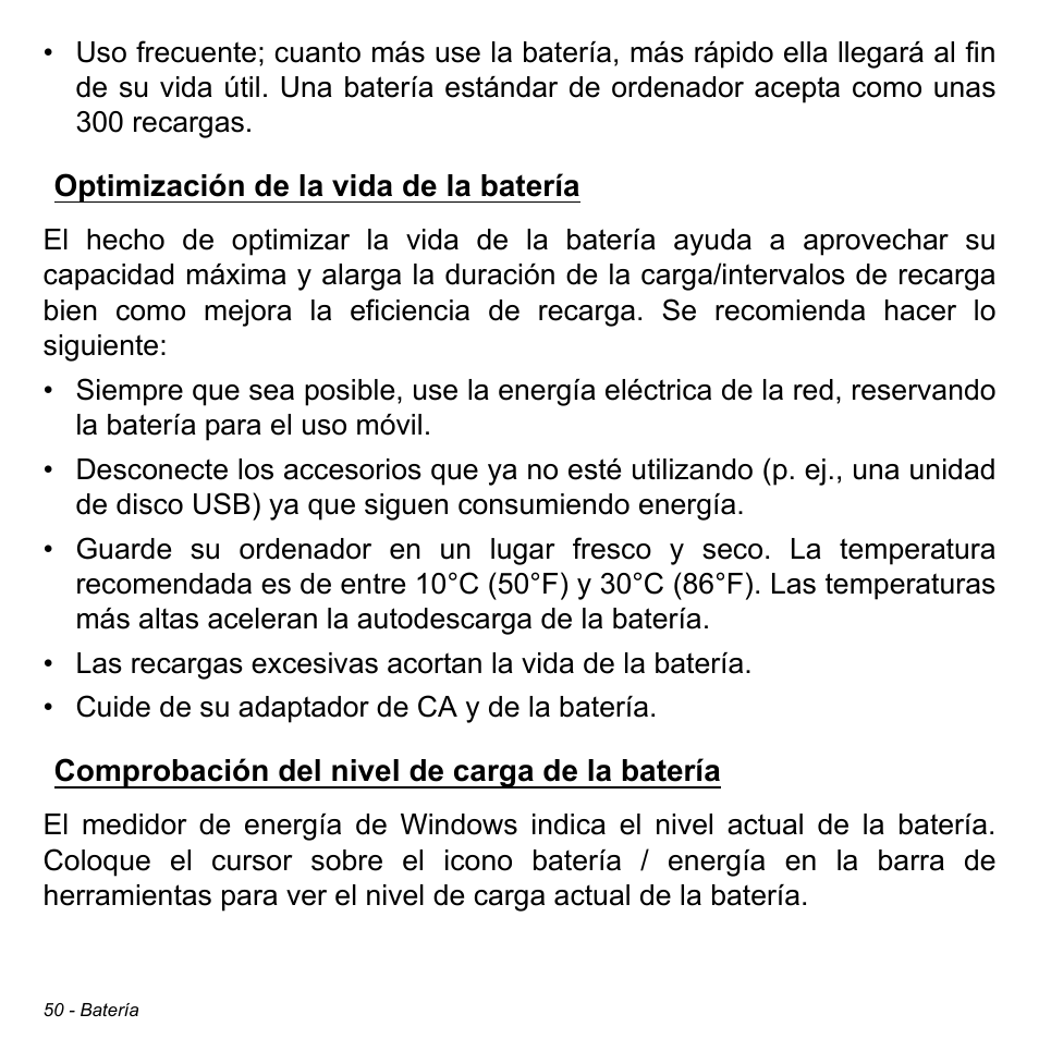 Optimización de la vida de la batería, Comprobación del nivel de carga de la batería | Acer W511P User Manual | Page 442 / 2860