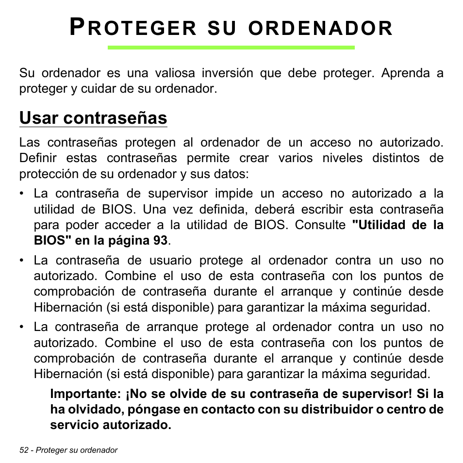 Proteger su ordenador, Usar contraseñas, Roteger | Ordenador | Acer W511P User Manual | Page 444 / 2860