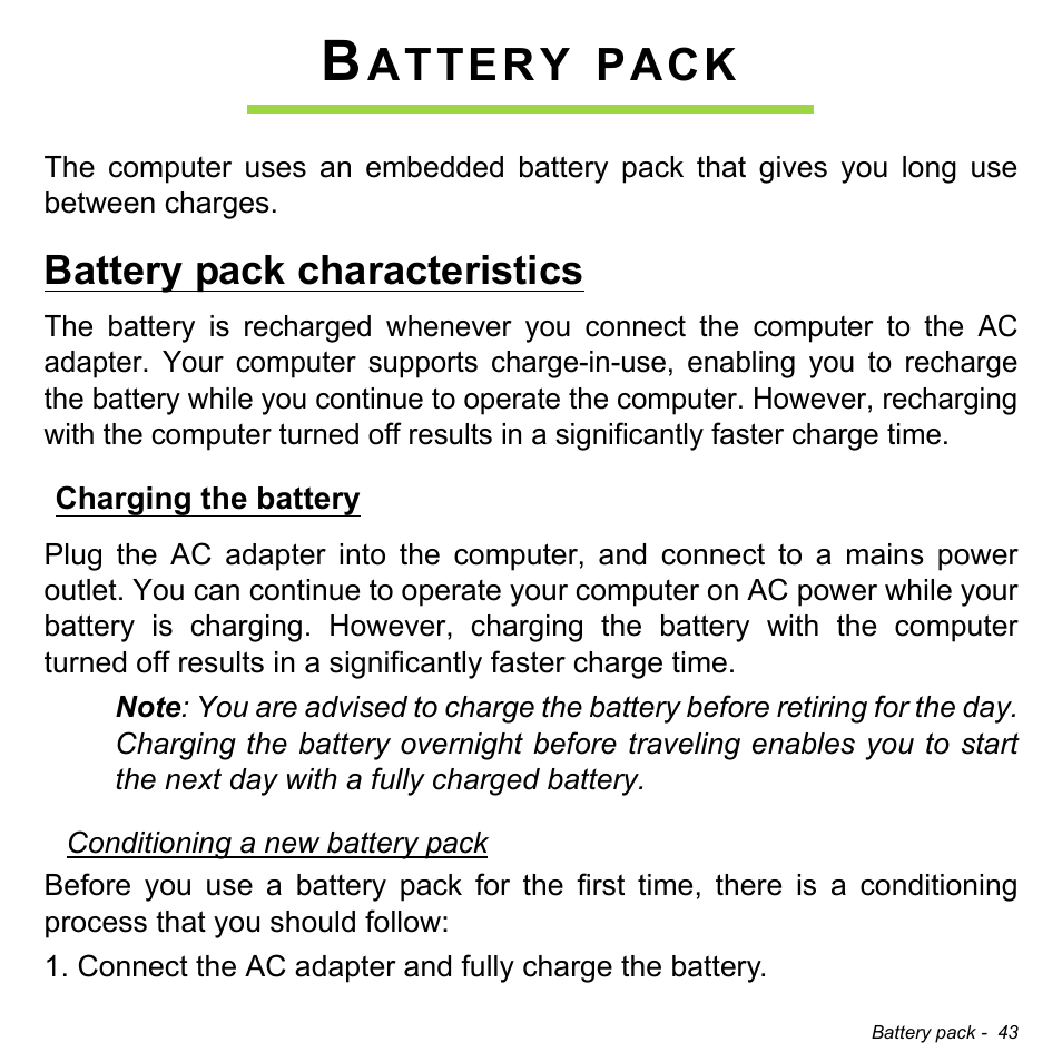 Battery pack, Battery pack characteristics, Charging the battery | Attery, Pack | Acer W511P User Manual | Page 45 / 2860