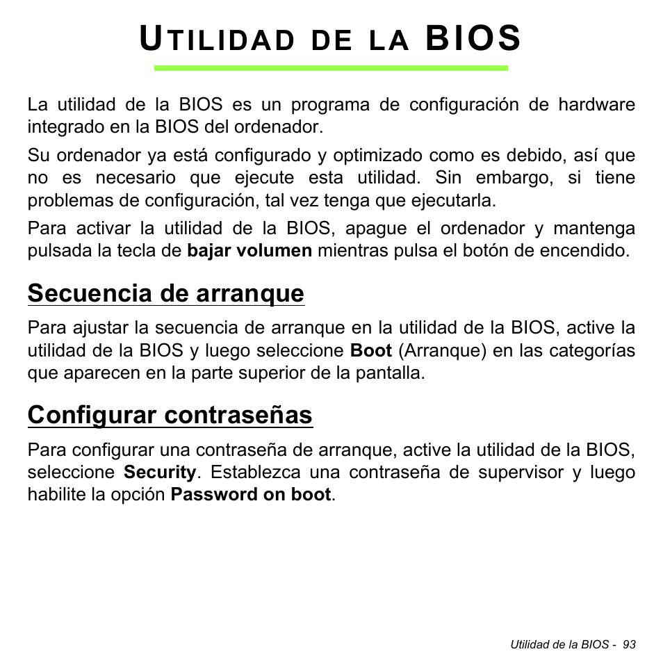 Utilidad de la bios, Secuencia de arranque, Configurar contraseñas | Secuencia de arranque configurar contraseñas, Bios | Acer W511P User Manual | Page 485 / 2860