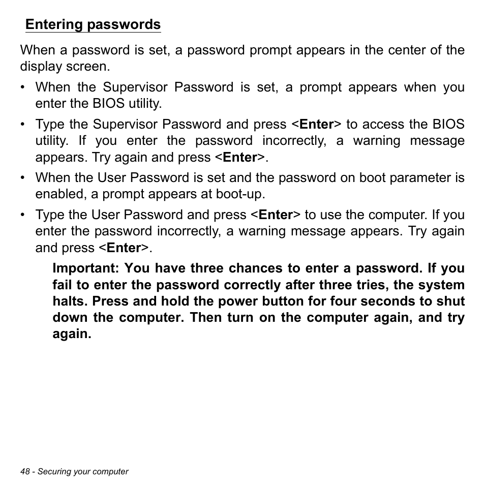 Entering passwords | Acer W511P User Manual | Page 50 / 2860