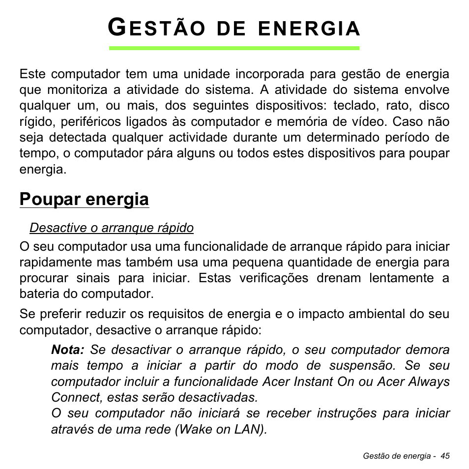 Gestão de energia, Poupar energia, Estão | Energia | Acer W511P User Manual | Page 537 / 2860