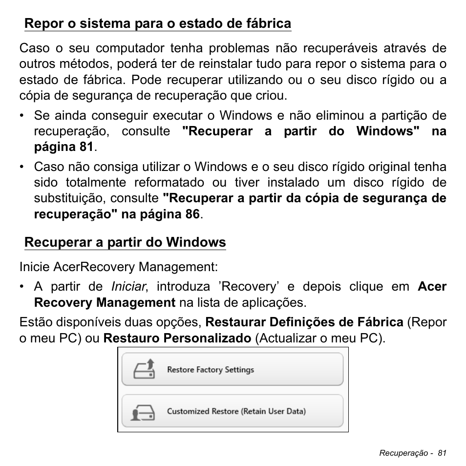 Repor o sistema para o estado de fábrica, Recuperar a partir do windows | Acer W511P User Manual | Page 573 / 2860