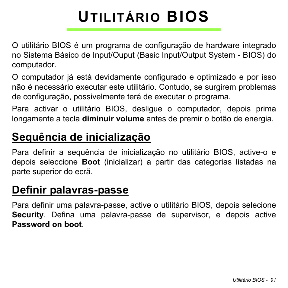 Utilitário bios, Sequência de inicialização, Definir palavras-passe | Sequência de inicialização definir palavras-passe, Bios, Tilitário | Acer W511P User Manual | Page 583 / 2860