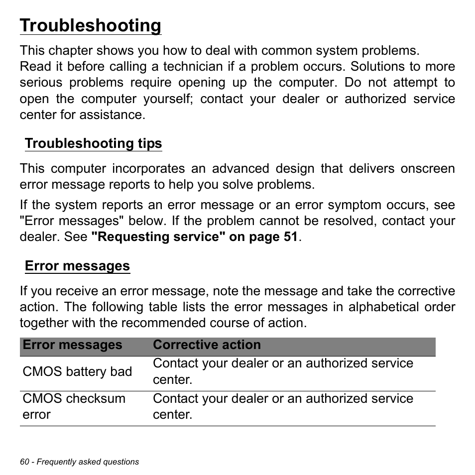 Troubleshooting, Troubleshooting tips, Error messages | Acer W511P User Manual | Page 62 / 2860