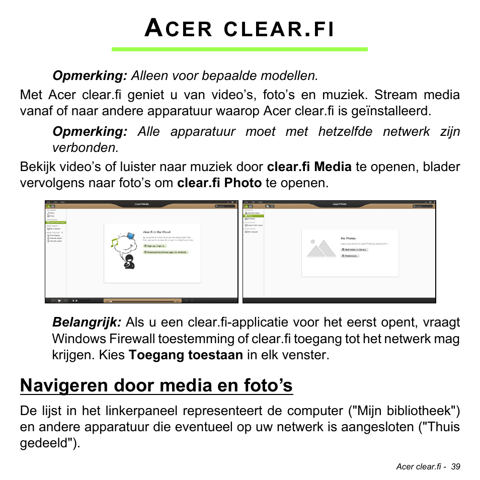 Acer clear.fi, Navigeren door media en foto’s, Clear | Acer W511P User Manual | Page 629 / 2860