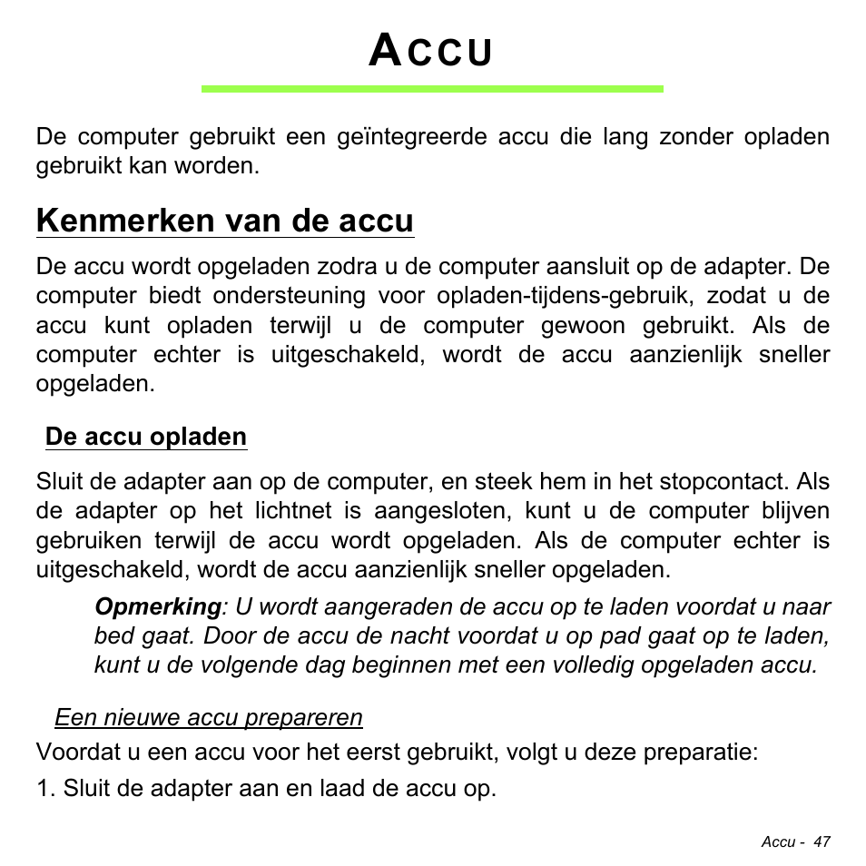 Accu, Kenmerken van de accu, De accu opladen | Acer W511P User Manual | Page 637 / 2860