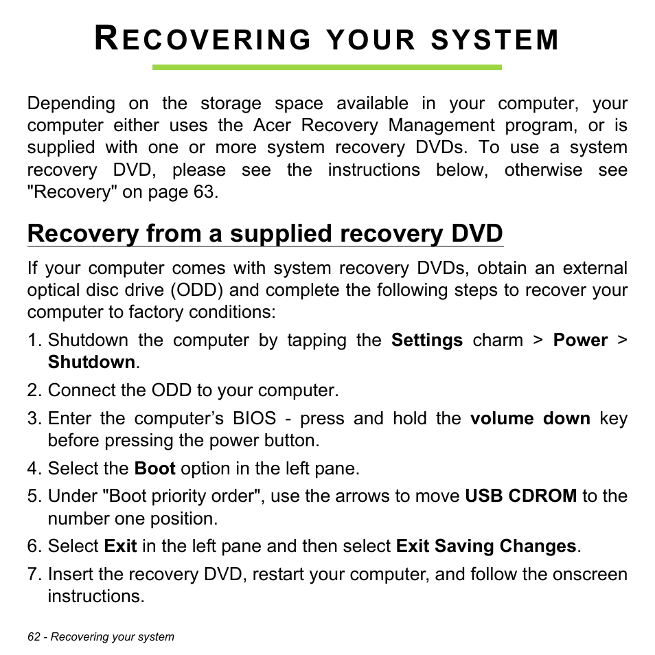 Recovering your system, Recovery from a supplied recovery dvd, Ecovering | Your, System | Acer W511P User Manual | Page 64 / 2860