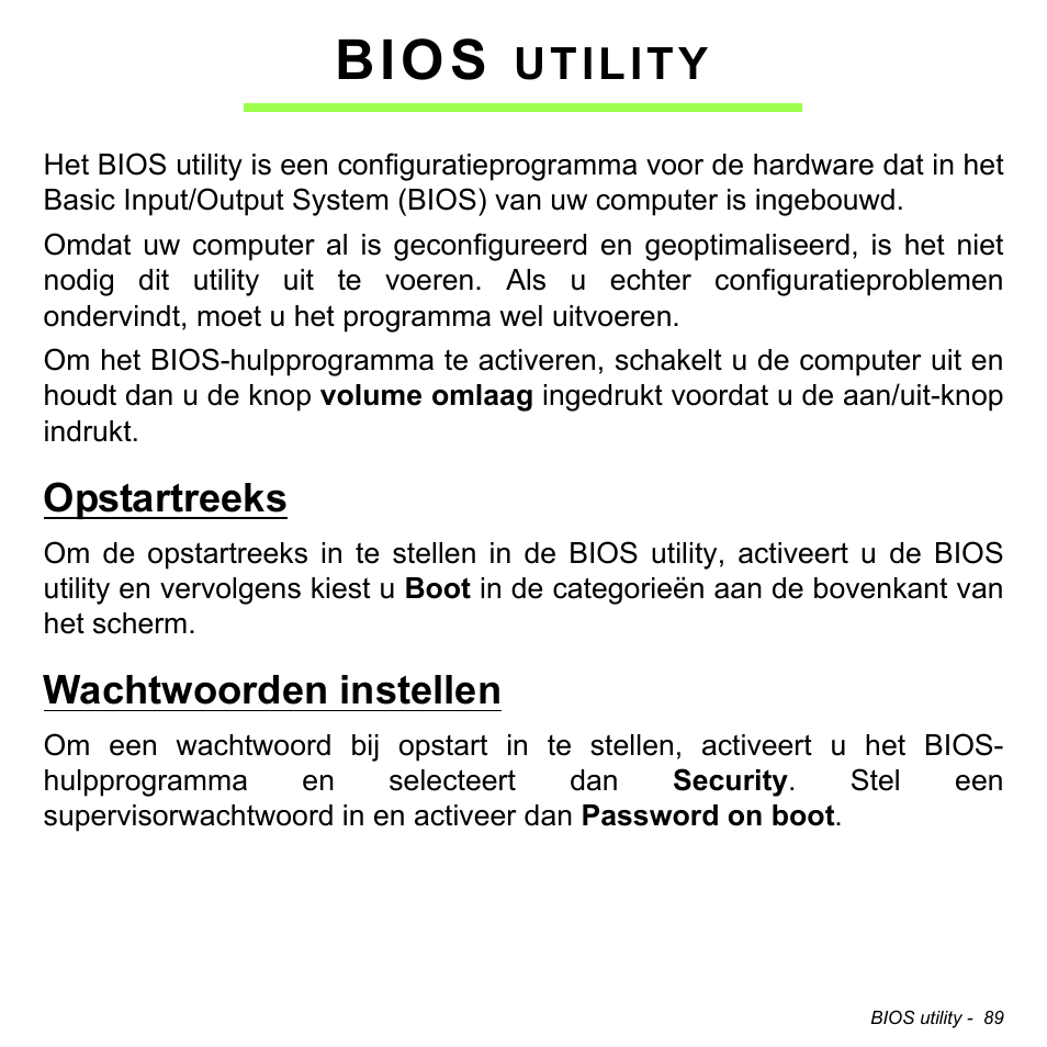 Bios utility, Opstartreeks, Wachtwoorden instellen | Opstartreeks wachtwoorden instellen, Bios, Utility | Acer W511P User Manual | Page 679 / 2860