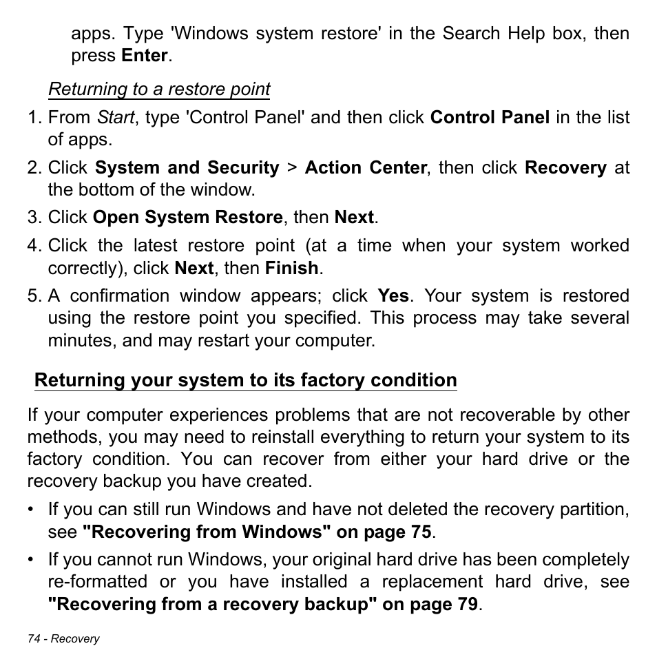 Returning your system to its factory condition | Acer W511P User Manual | Page 76 / 2860