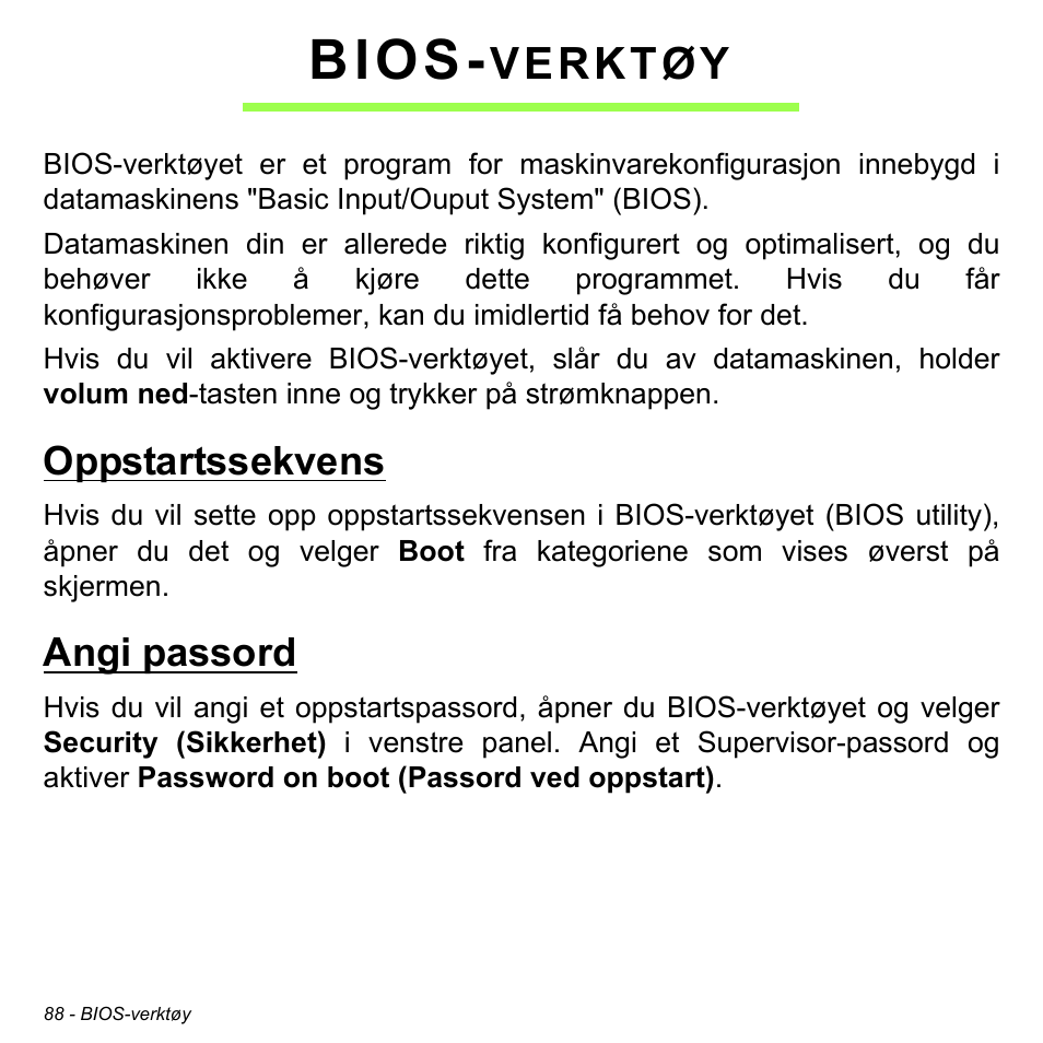 Bios-verktøy, Oppstartssekvens, Angi passord | Oppstartssekvens angi passord, Bios, Verktøy | Acer W511P User Manual | Page 774 / 2860