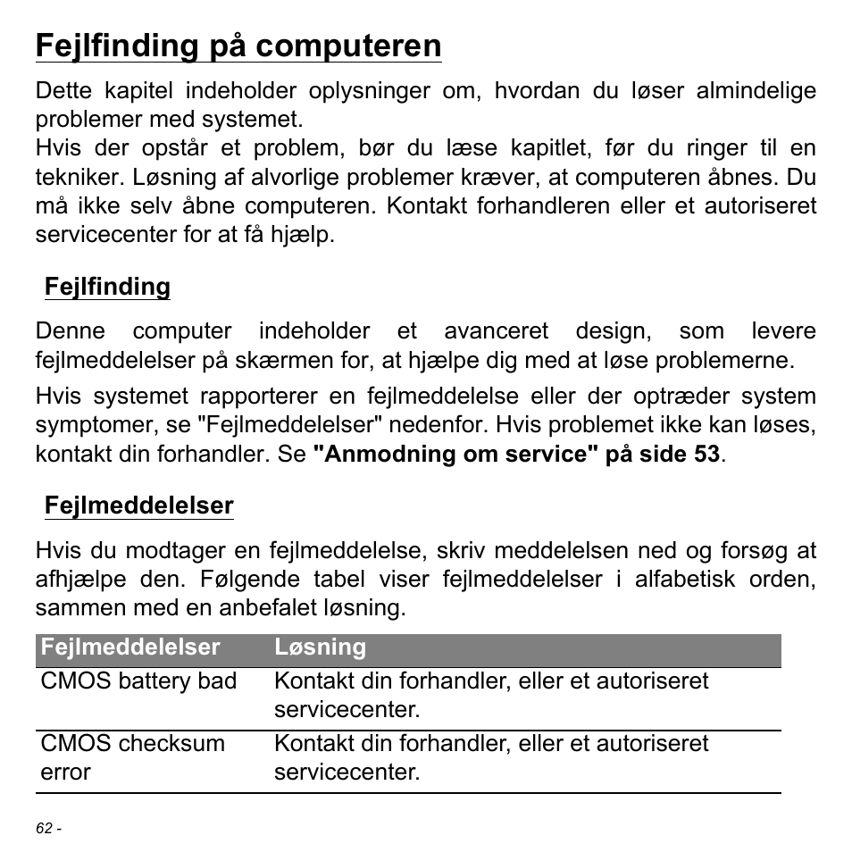 Fejlfinding på computeren, Fejlfinding, Fejlmeddelelser | Fejlfinding fejlmeddelelser | Acer W511P User Manual | Page 842 / 2860