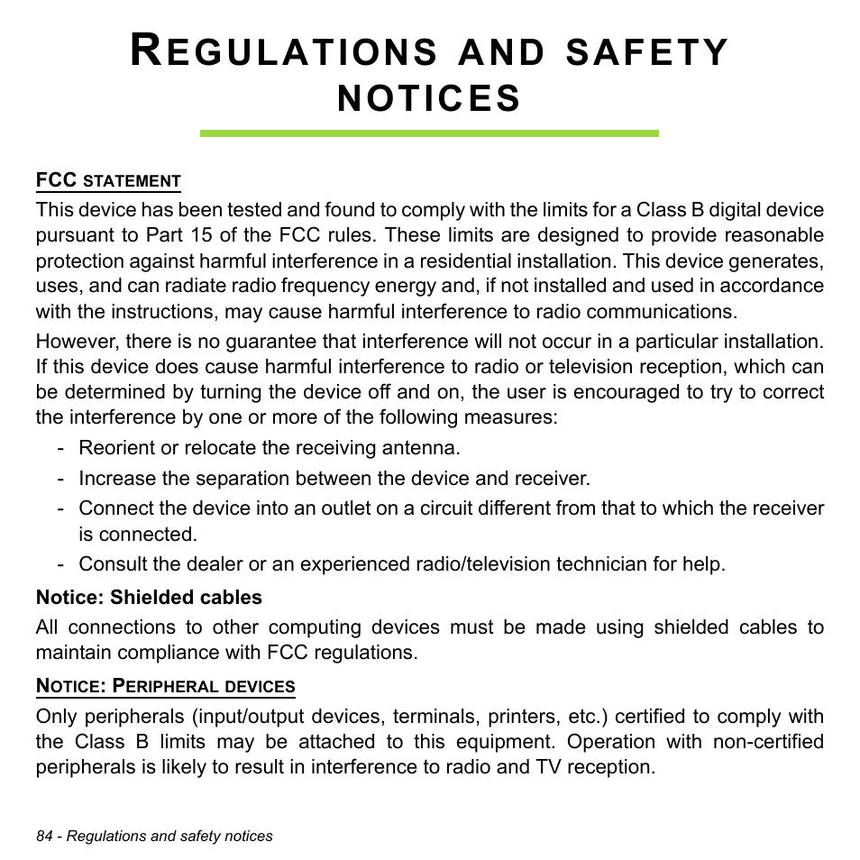 Regulations and safety notices, Egulations, Safety | Notices | Acer W511P User Manual | Page 86 / 2860