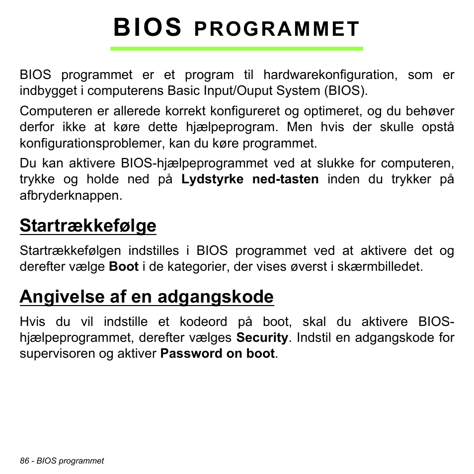 Bios programmet, Startrækkefølge, Angivelse af en adgangskode | Startrækkefølge angivelse af en adgangskode, Bios, Programmet | Acer W511P User Manual | Page 866 / 2860