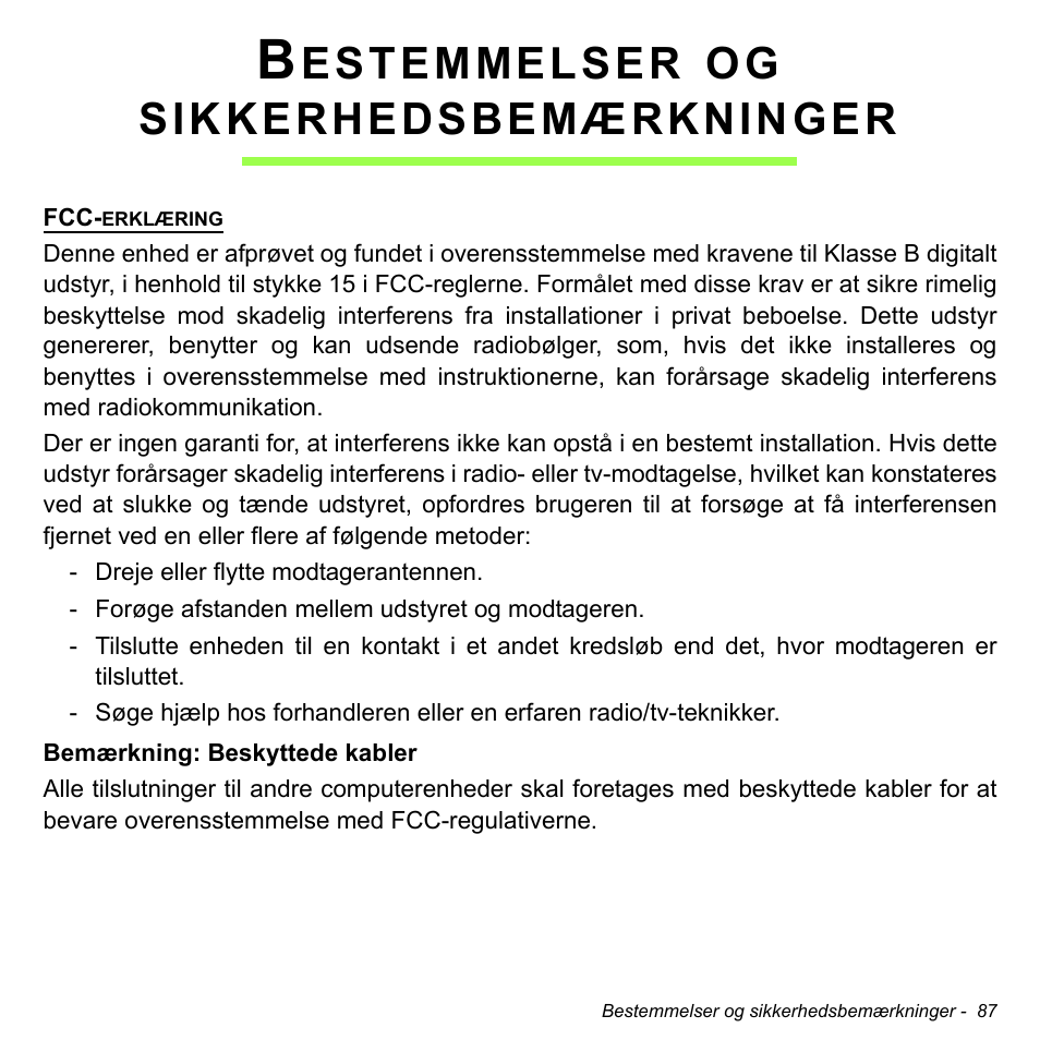 Bestemmelser og sikkerhedsbemærkninger, Estemmelser, Sikkerhedsbemærkninger | Acer W511P User Manual | Page 867 / 2860