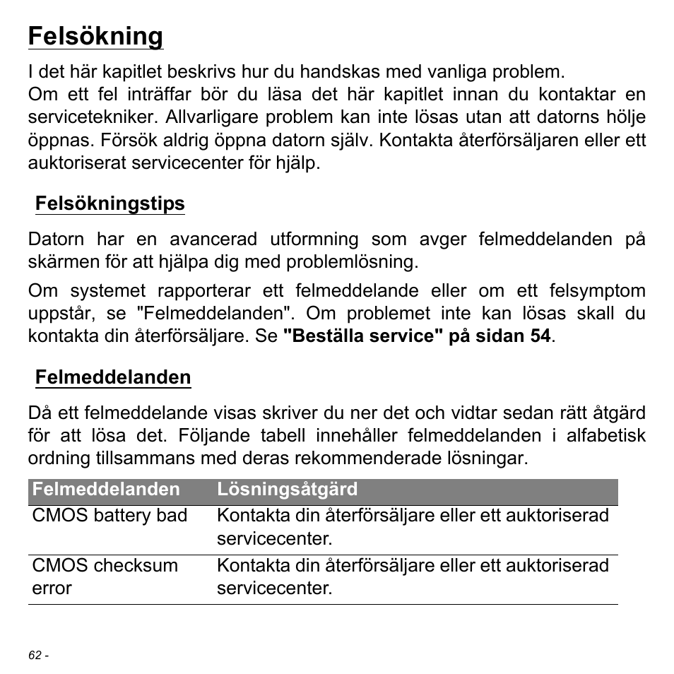 Felsökning, Felsökningstips, Felmeddelanden | Felsökningstips felmeddelanden | Acer W511P User Manual | Page 934 / 2860