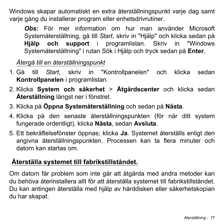 Återställa systemet till fabrikstillståndet | Acer W511P User Manual | Page 949 / 2860