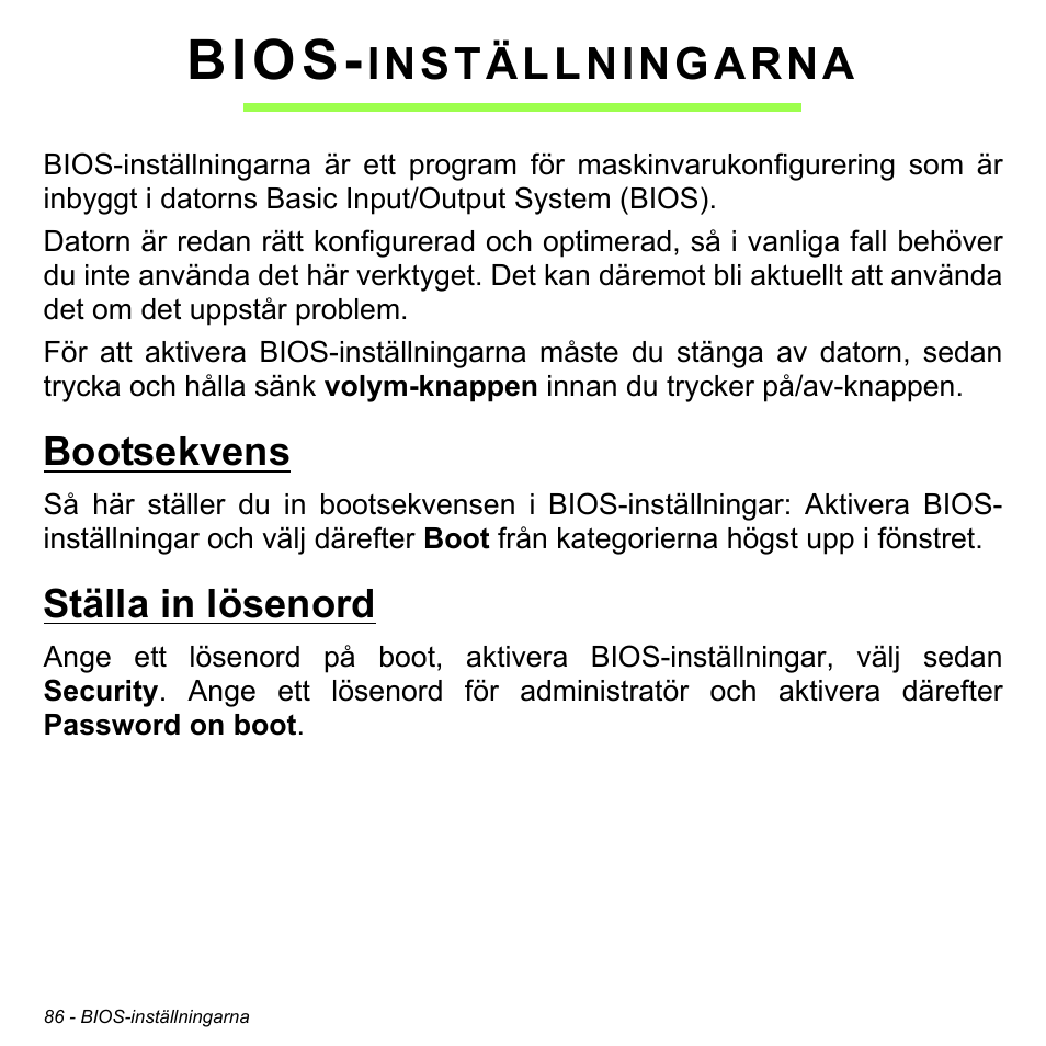 Bios-inställningarna, Bootsekvens, Ställa in lösenord | Bootsekvens ställa in lösenord, Bios, Inställningarna | Acer W511P User Manual | Page 958 / 2860