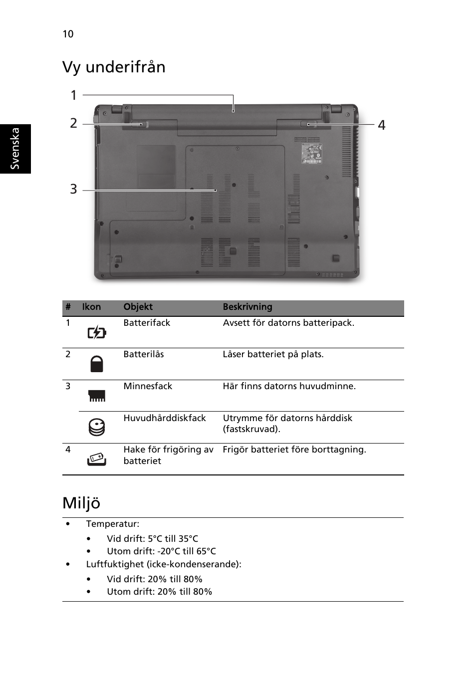 Vy underifrån, Miljö, Vy underifrån miljö | Acer Aspire 5745PG User Manual | Page 104 / 318