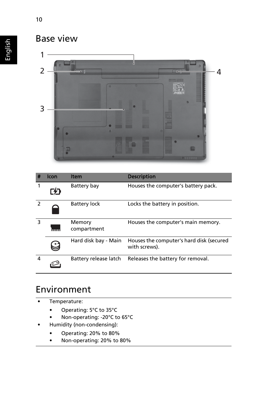 Base view, Environment, Base view environment | Acer Aspire 5745PG User Manual | Page 12 / 318