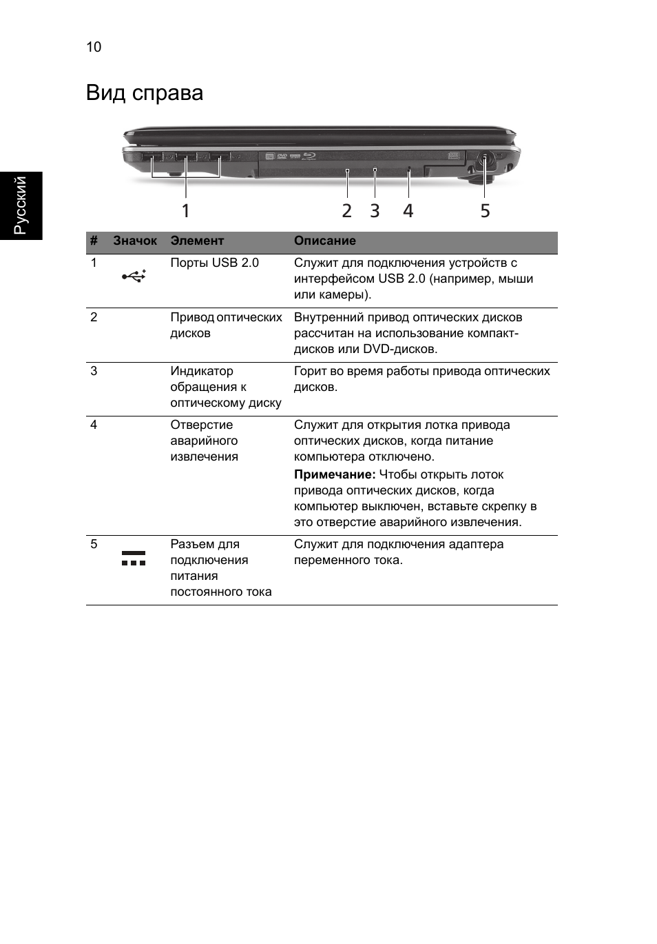 Вид справа | Acer Aspire 5745PG User Manual | Page 124 / 318