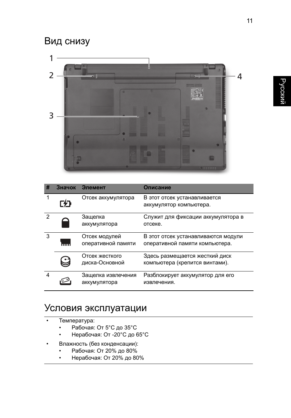 Вид снизу, Условия эксплуатации, Вид снизу условия эксплуатации | Acer Aspire 5745PG User Manual | Page 125 / 318