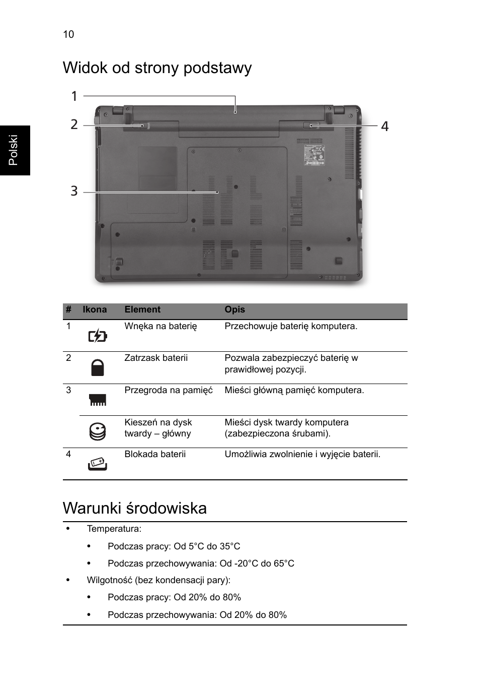 Widok od strony podstawy, Warunki środowiska, Widok od strony podstawy warunki środowiska | Acer Aspire 5745PG User Manual | Page 136 / 318