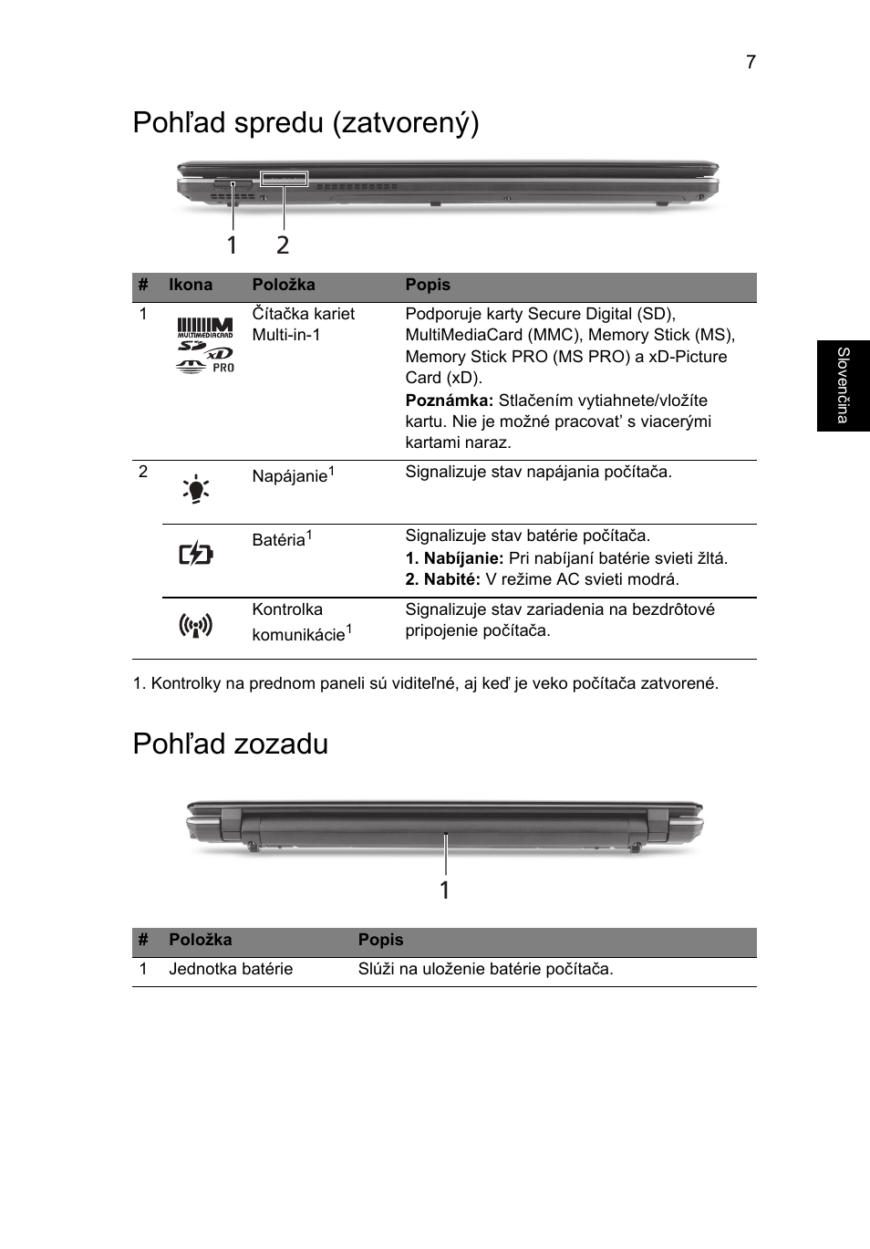 Pohľad spredu (zatvorený), Pohľad zozadu | Acer Aspire 5745PG User Manual | Page 163 / 318