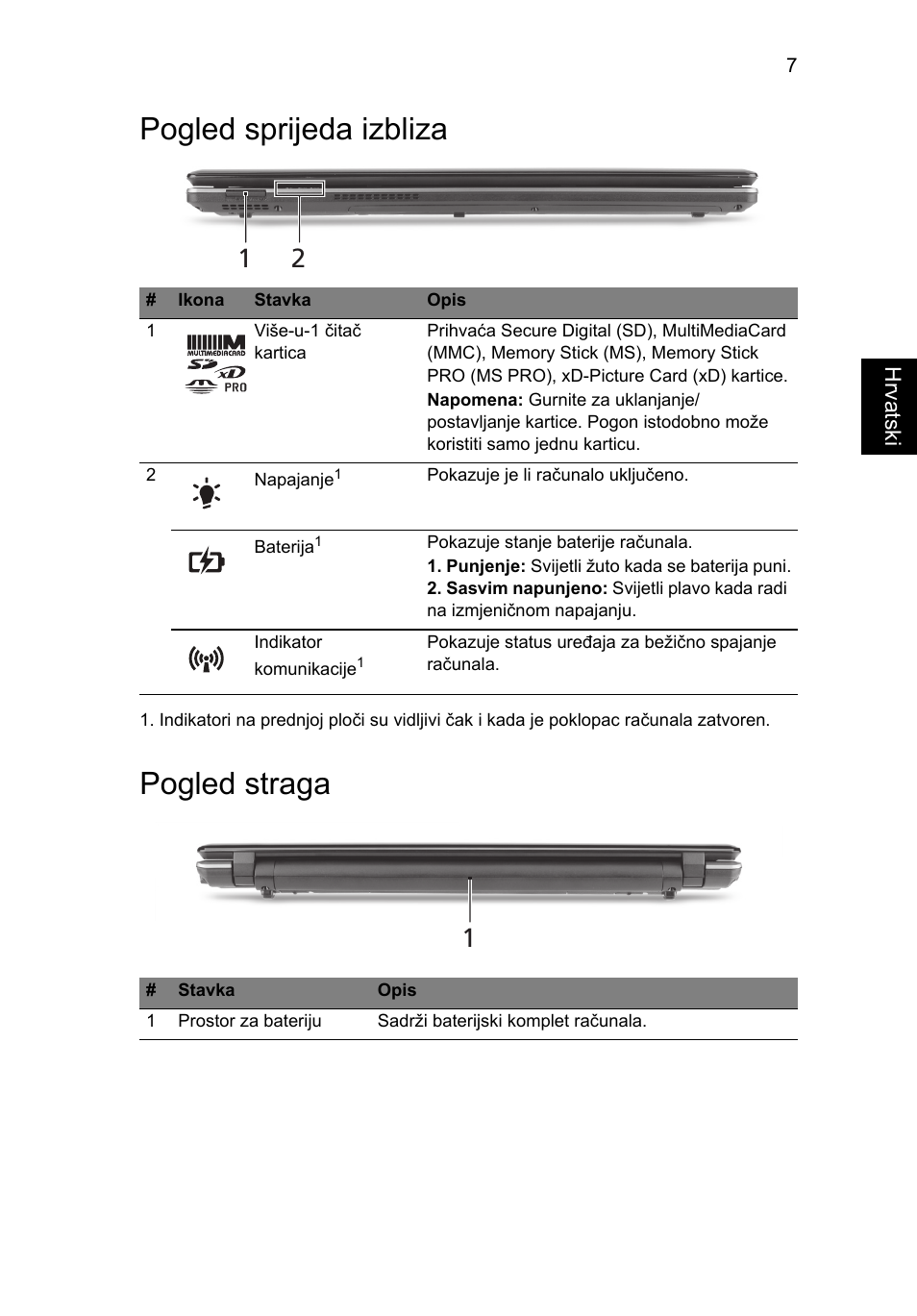 Pogled sprijeda izbliza, Pogled straga | Acer Aspire 5745PG User Manual | Page 183 / 318