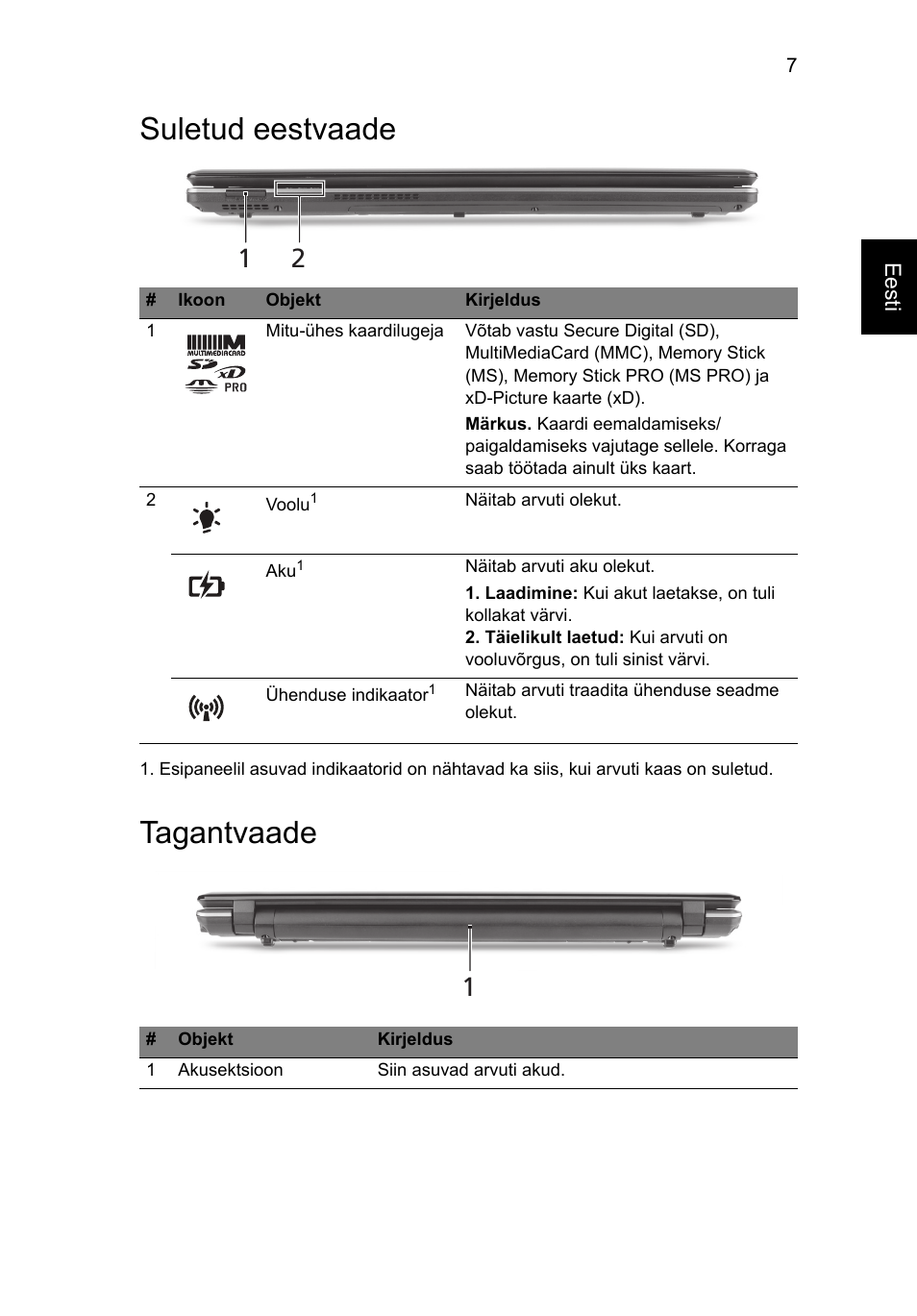 Suletud eestvaade, Tagantvaade | Acer Aspire 5745PG User Manual | Page 213 / 318