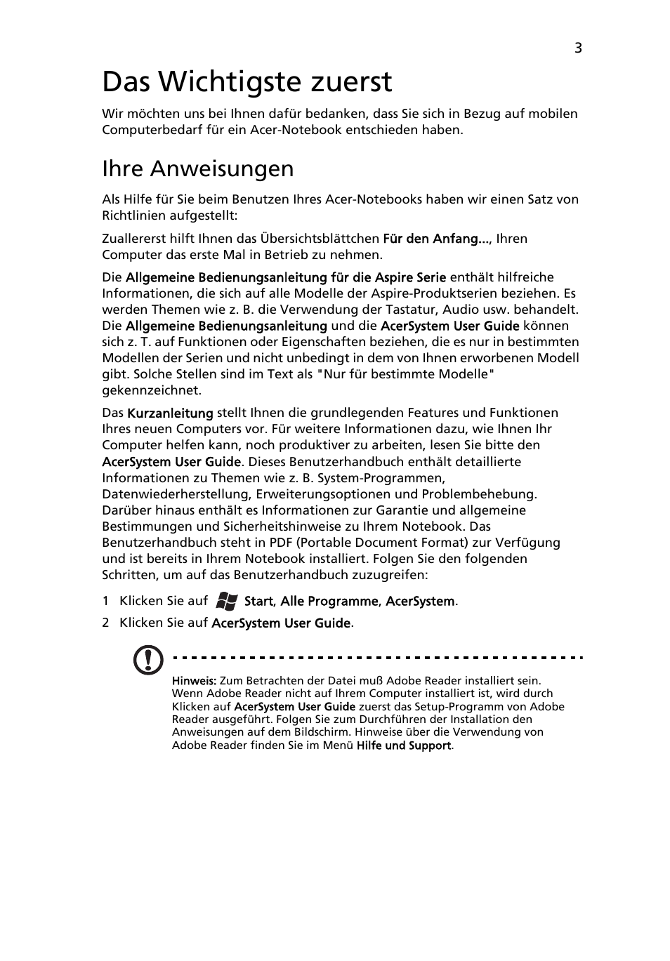 Das wichtigste zuerst, Ihre anweisungen | Acer Aspire 5745PG User Manual | Page 25 / 318