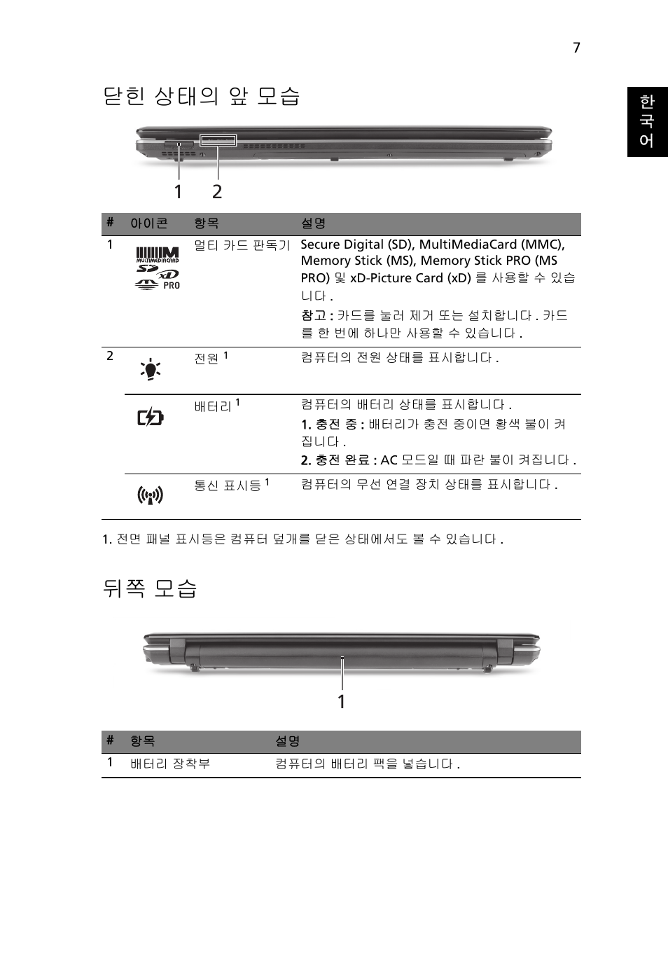 닫힌 상태의 앞 모습, 뒤쪽 모습 | Acer Aspire 5745PG User Manual | Page 275 / 318