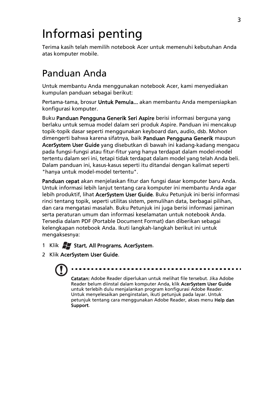 Informasi penting, Panduan anda | Acer Aspire 5745PG User Manual | Page 301 / 318