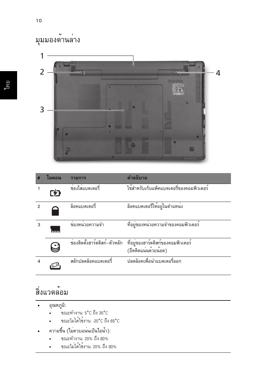 มุมมองด้านล่าง, สภาพแวดล้อม, Бшббн§´йт¹еит§ кфи§бз´ейнб | Acer Aspire 5745PG User Manual | Page 318 / 318