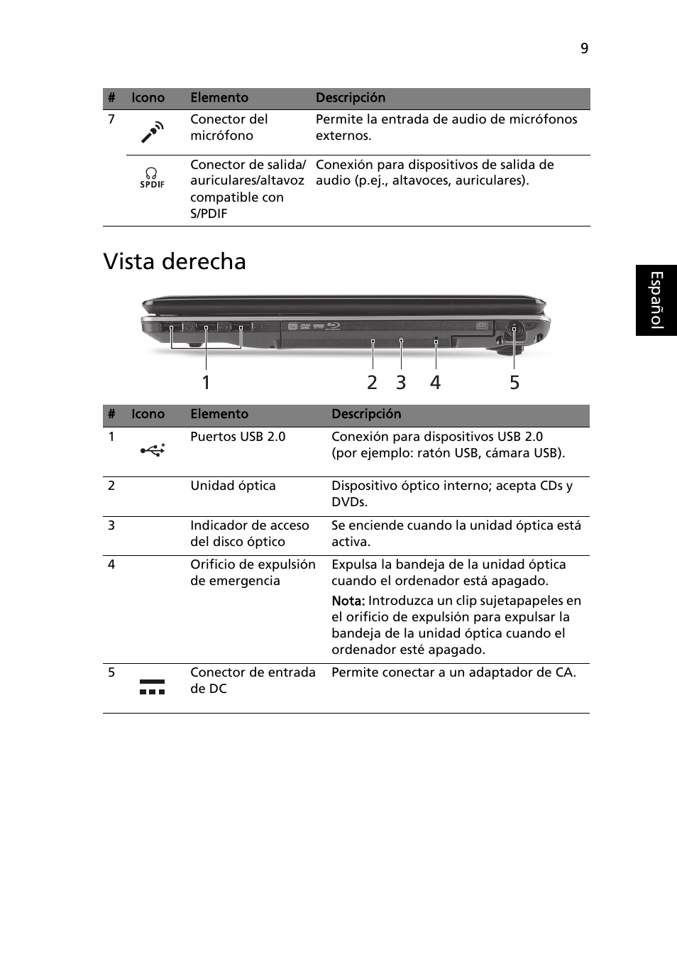 Vista derecha | Acer Aspire 5745PG User Manual | Page 51 / 318