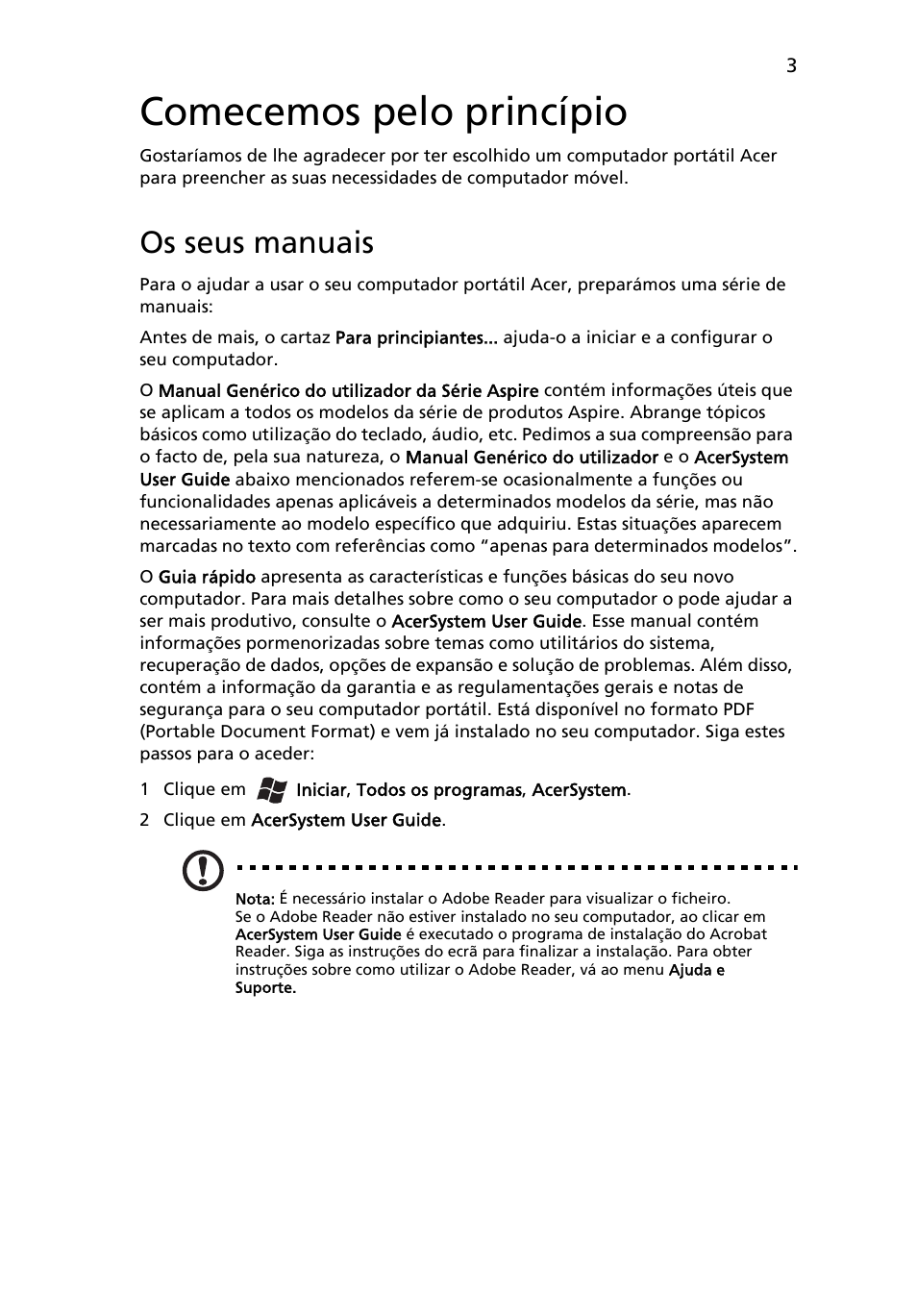 Comecemos pelo princípio, Os seus manuais | Acer Aspire 5745PG User Manual | Page 57 / 318