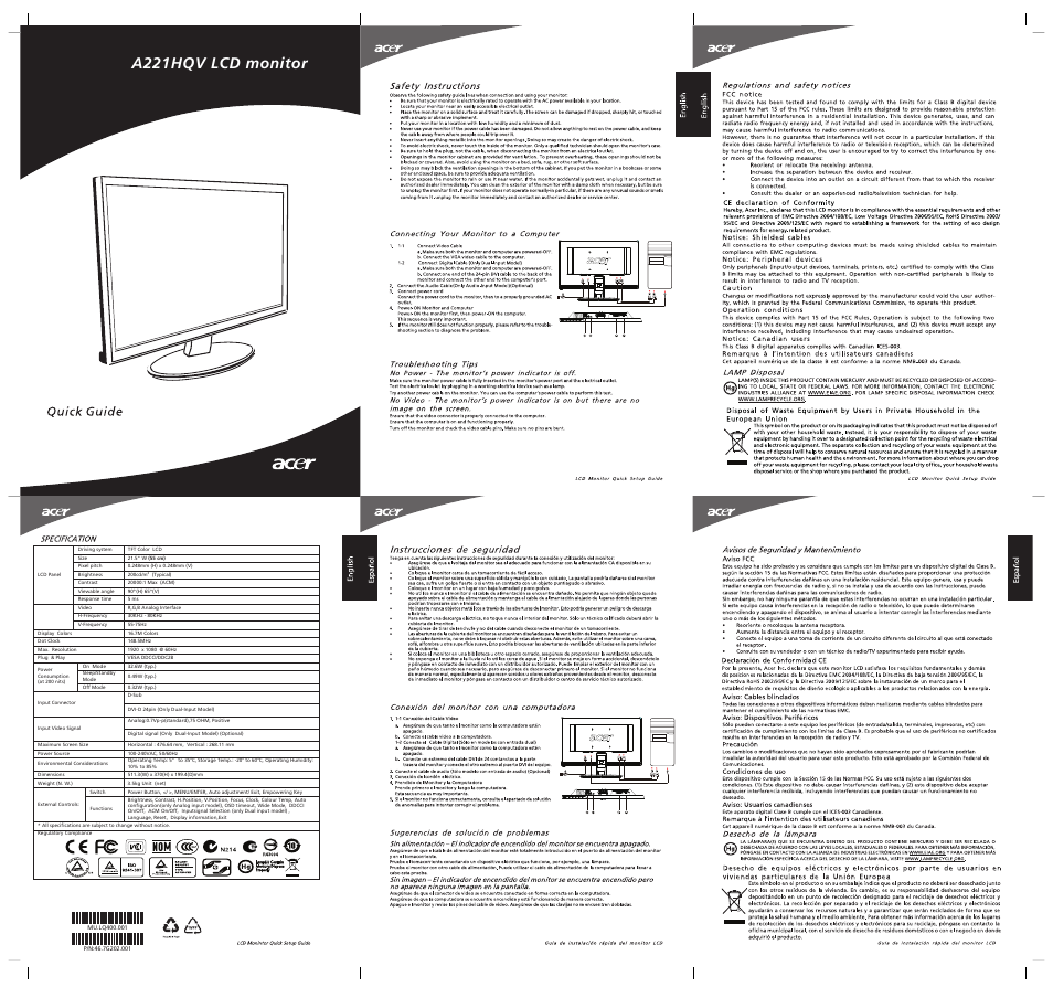Acer A221HQV User Manual | 2 pages