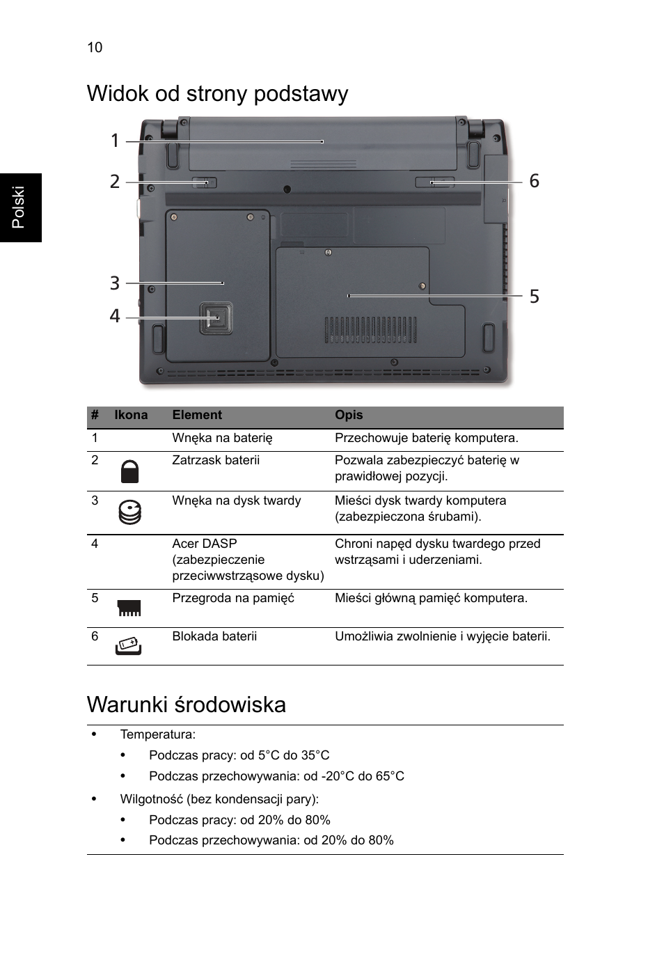 Widok od strony podstawy, Warunki środowiska, Widok od strony podstawy warunki środowiska | Acer TravelMate 8172Z User Manual | Page 134 / 314