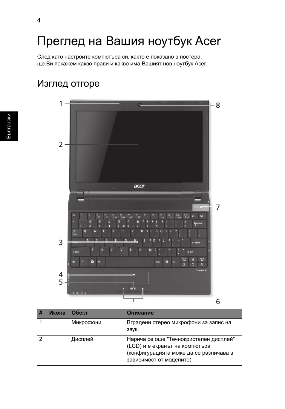 Преглед на вашия ноутбук acer, Изглед отгоре | Acer TravelMate 8172Z User Manual | Page 198 / 314