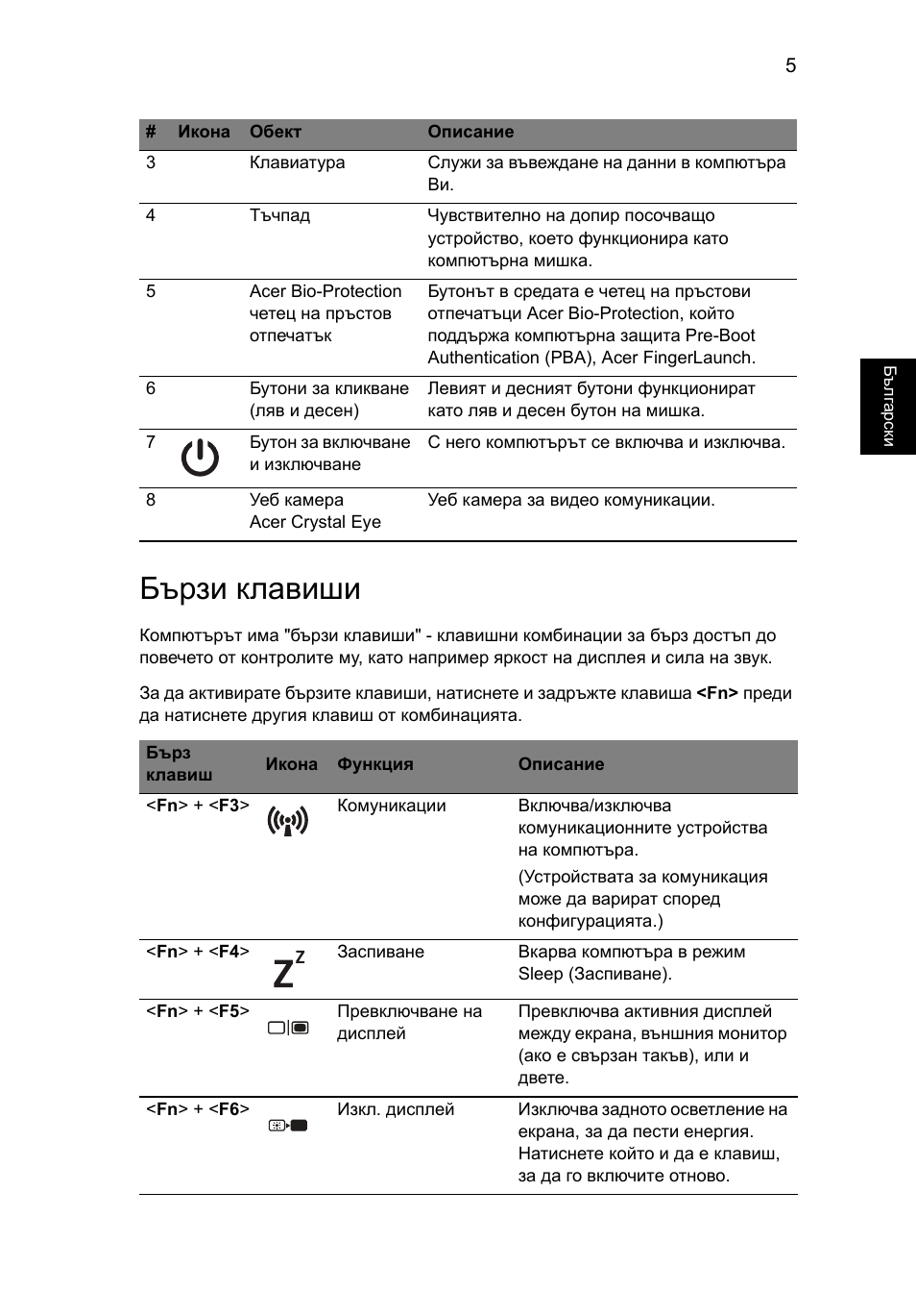 Бързи клавиши | Acer TravelMate 8172Z User Manual | Page 199 / 314