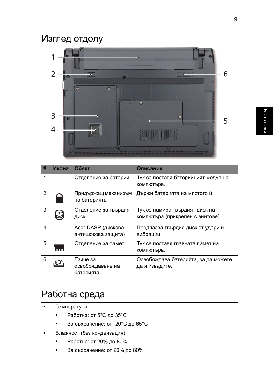 Изглед отдолу, Работна среда, Изглед отдолу работна среда | Acer TravelMate 8172Z User Manual | Page 203 / 314