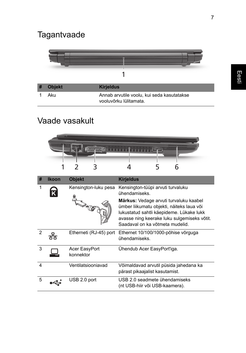 Tagantvaade, Vaade vasakult, Tagantvaade vaade vasakult | Acer TravelMate 8172Z User Manual | Page 211 / 314